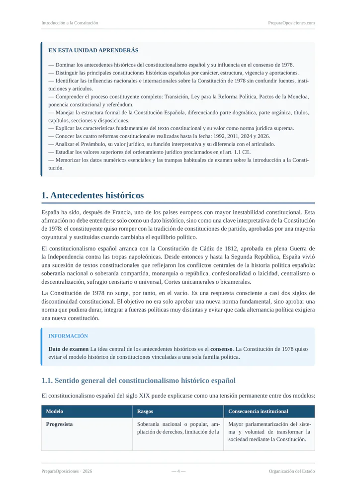 Desarrollo del tema «Introducción a la Constitución» (página 4 de la muestra gratuita del temario en PDF): desarrollo de los antecedentes históricos con recuadro informativo y tabla.