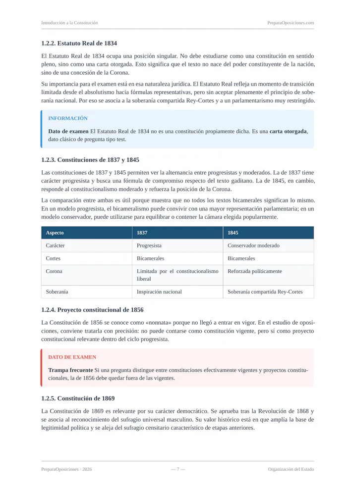 Página destacada del tema «Introducción a la Constitución» (página 7 de la muestra gratuita del temario en PDF): apartado sobre el Estatuto Real y las Constituciones de 1837 y 1845 con recuadros destacados y tabla.