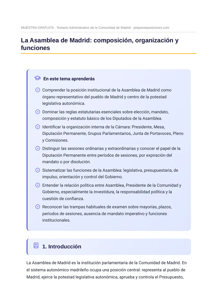 Índice del tema «La Asamblea de Madrid: composición, organización y funciones» (página 1 de la muestra gratuita del temario en PDF): apertura del tema con el recuadro «En este tema aprenderás».