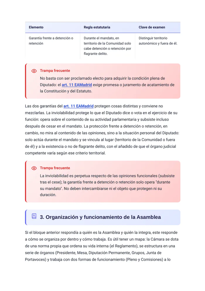 Página destacada del tema «La Asamblea de Madrid: composición, organización y funciones» (página 11 de la muestra gratuita del temario en PDF): Estatuto de los Diputados con recuadros «Trampa frecuente».