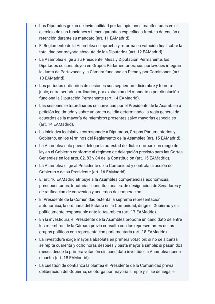 Repaso del tema «La Asamblea de Madrid: composición, organización y funciones» (página 32 de la muestra gratuita del temario en PDF): recuadro «Resumen del tema» con los puntos clave.