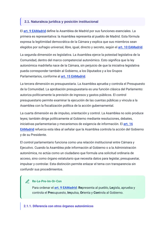 Desarrollo del tema «La Asamblea de Madrid: composición, organización y funciones» (página 5 de la muestra gratuita del temario en PDF): desarrollo de la naturaleza jurídica de la Asamblea con regla mnemotécnica.
