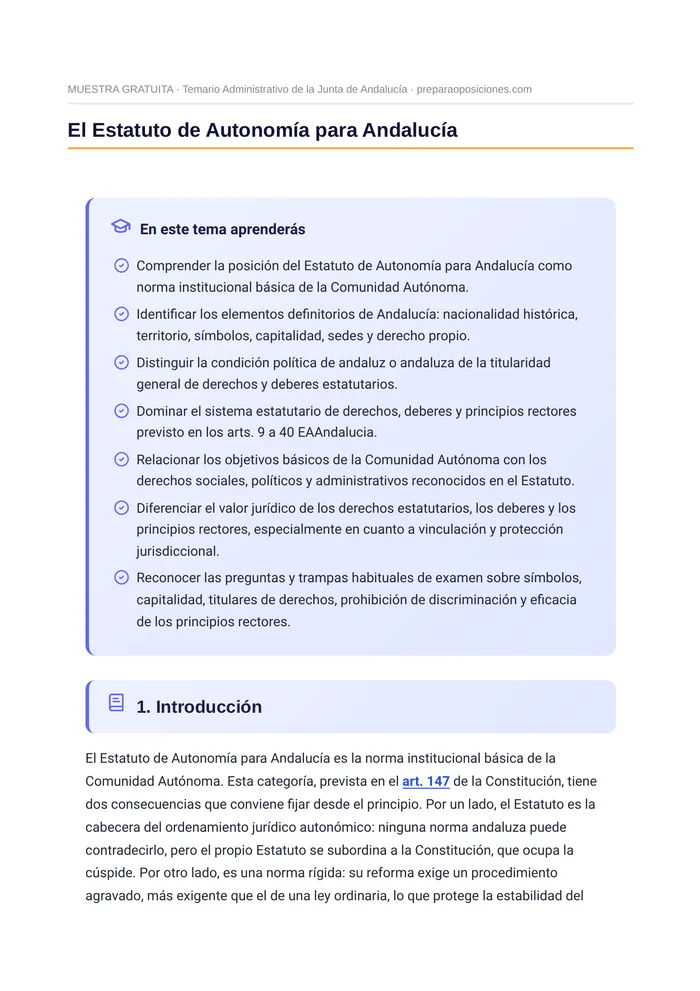 Índice del tema «El Estatuto de Autonomía para Andalucía» (página 1 de la muestra gratuita del temario en PDF): apertura del tema con el recuadro «En este tema aprenderás».