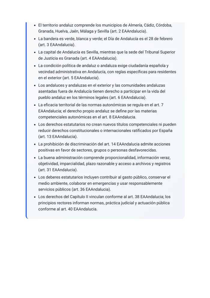 Repaso del tema «El Estatuto de Autonomía para Andalucía» (página 29 de la muestra gratuita del temario en PDF): recuadro «Resumen del tema» con los puntos clave.