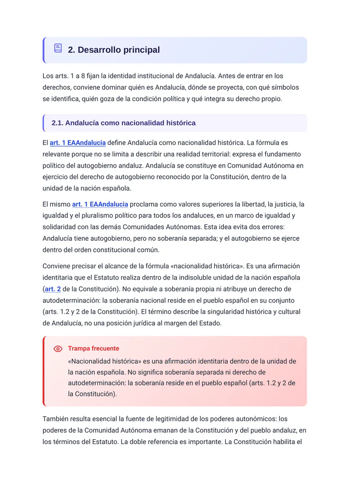 Desarrollo del tema «El Estatuto de Autonomía para Andalucía» (página 4 de la muestra gratuita del temario en PDF): desarrollo de Andalucía como nacionalidad histórica con recuadro «Trampa frecuente».