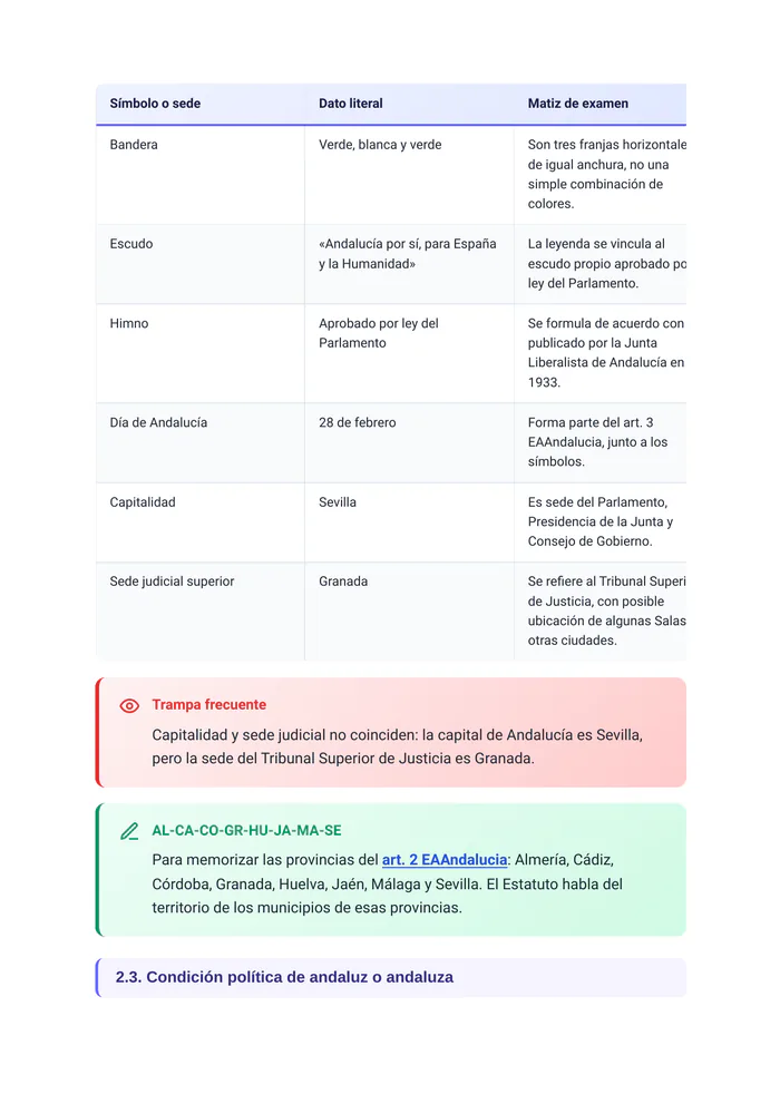 Página destacada del tema «El Estatuto de Autonomía para Andalucía» (página 7 de la muestra gratuita del temario en PDF): símbolos y capitalidad en tabla con recuadro «Trampa frecuente» y regla mnemotécnica.