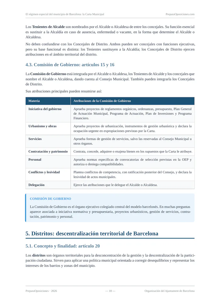 Página destacada del tema «El régimen especial del municipio de Barcelona: la Carta Municipal» (página 10 de la muestra gratuita del temario en PDF): Comisión de Gobierno y distritos con tabla y recuadros destacados.