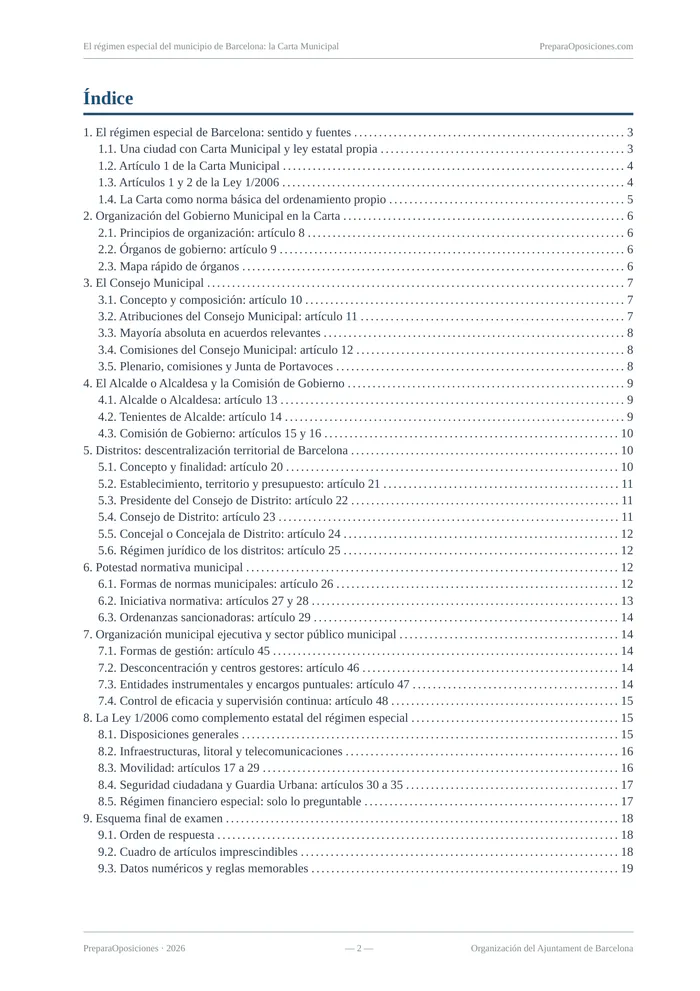 Índice del tema «El régimen especial del municipio de Barcelona: la Carta Municipal» (página 2 de la muestra gratuita del temario en PDF): índice completo del tema con sus epígrafes y páginas.