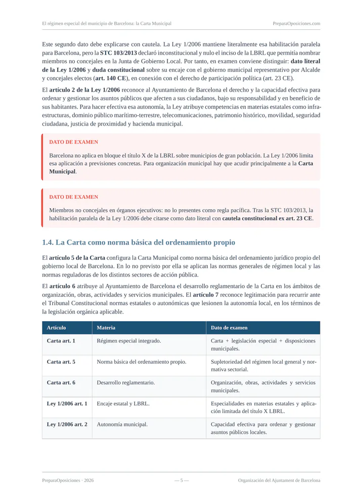 Desarrollo del tema «El régimen especial del municipio de Barcelona: la Carta Municipal» (página 5 de la muestra gratuita del temario en PDF): desarrollo de la Carta Municipal con recuadros «Dato de examen» y tabla.