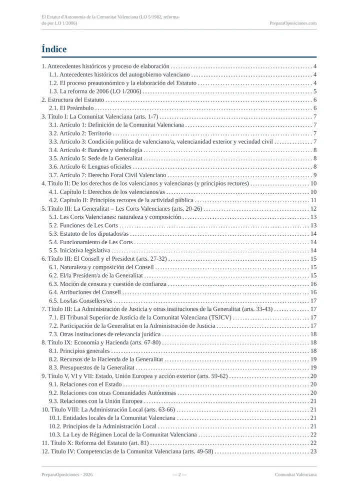Índice del tema «El Estatut d'Autonomia de la Comunitat Valenciana (LO 5/1982, reformado por LO 1/2006)» (página 2 de la muestra gratuita del temario en PDF): índice completo del tema con sus epígrafes y páginas.