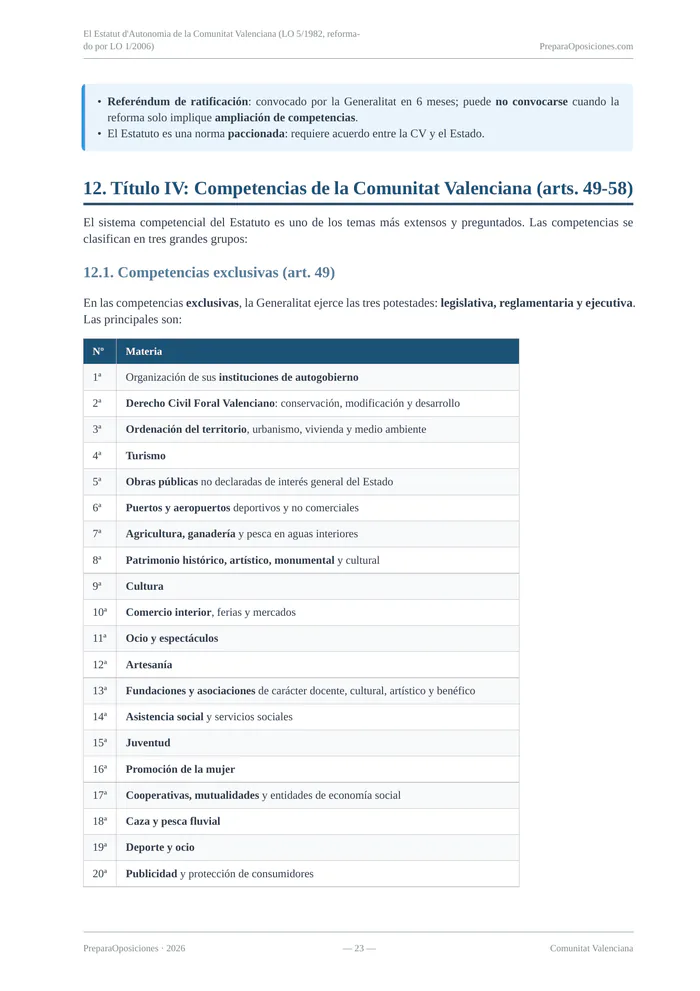 Repaso del tema «El Estatut d'Autonomia de la Comunitat Valenciana (LO 5/1982, reformado por LO 1/2006)» (página 23 de la muestra gratuita del temario en PDF): tabla de competencias exclusivas y regla mnemotécnica.