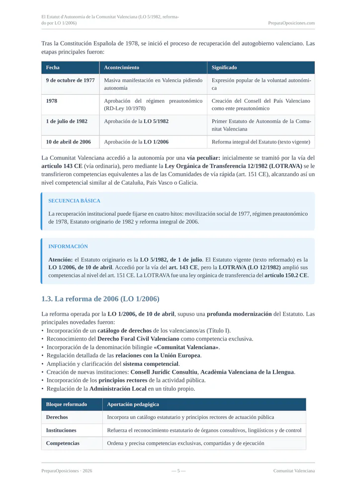 Página destacada del tema «El Estatut d'Autonomia de la Comunitat Valenciana (LO 5/1982, reformado por LO 1/2006)» (página 5 de la muestra gratuita del temario en PDF): estructura del Estatut en tabla con regla mnemotécnica y recuadro informativo.