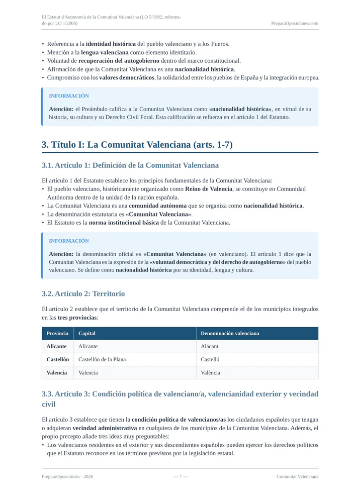 Desarrollo del tema «El Estatut d'Autonomia de la Comunitat Valenciana (LO 5/1982, reformado por LO 1/2006)» (página 7 de la muestra gratuita del temario en PDF): desarrollo del Título I del Estatut con recuadros informativos.