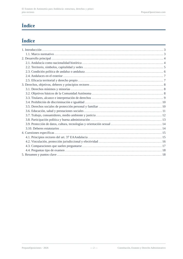 Índice del tema «El Estatuto de Autonomía para Andalucía: estructura, derechos y principios rectores» (página 2 de la muestra gratuita del temario en PDF): índice completo del tema con sus epígrafes y páginas.