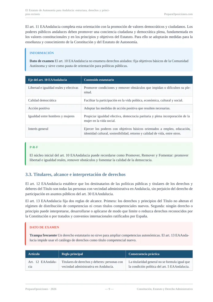 Página destacada del tema «El Estatuto de Autonomía para Andalucía: estructura, derechos y principios rectores» (página 9 de la muestra gratuita del temario en PDF): objetivos básicos del artículo 10 del Estatuto con tabla, regla mnemotécnica y recuadros de examen.