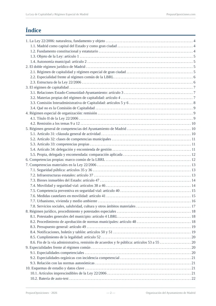 Índice del tema «La Ley de Capitalidad y Régimen Especial de Madrid» (página 2 de la muestra gratuita del temario en PDF): índice completo del tema con sus epígrafes y páginas.