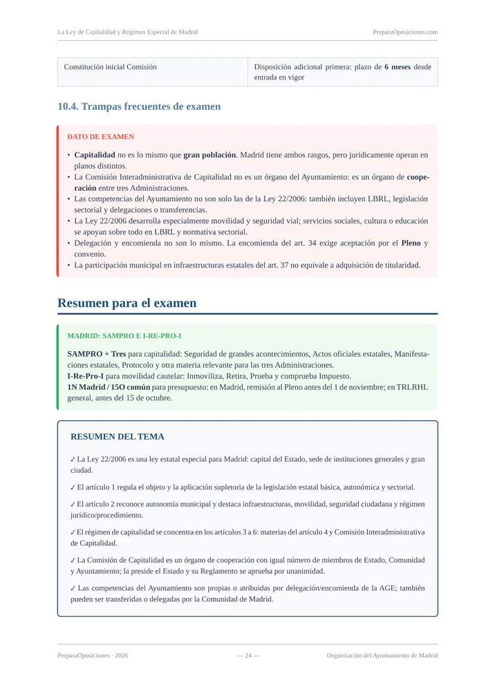 Repaso del tema «La Ley de Capitalidad y Régimen Especial de Madrid» (página 24 de la muestra gratuita del temario en PDF): resumen para el examen con trampas frecuentes y regla mnemotécnica.