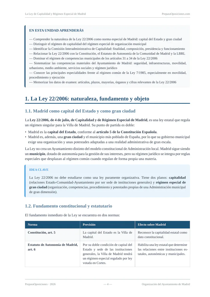 Desarrollo del tema «La Ley de Capitalidad y Régimen Especial de Madrid» (página 4 de la muestra gratuita del temario en PDF): desarrollo de la naturaleza y fundamento de la Ley 22/2006 con recuadros y tabla.