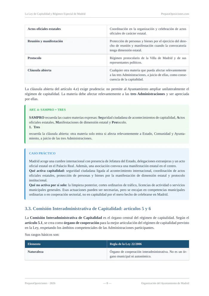 Página destacada del tema «La Ley de Capitalidad y Régimen Especial de Madrid» (página 8 de la muestra gratuita del temario en PDF): Comisión Interadministrativa de Capitalidad con regla mnemotécnica, caso práctico y tabla.