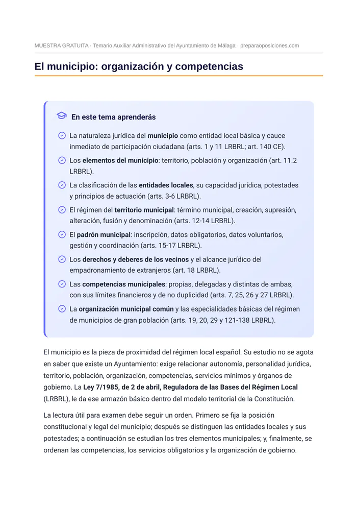 Índice del tema «El municipio: organización y competencias» (página 1 de la muestra gratuita del temario en PDF): apertura del tema con el recuadro «En este tema aprenderás».