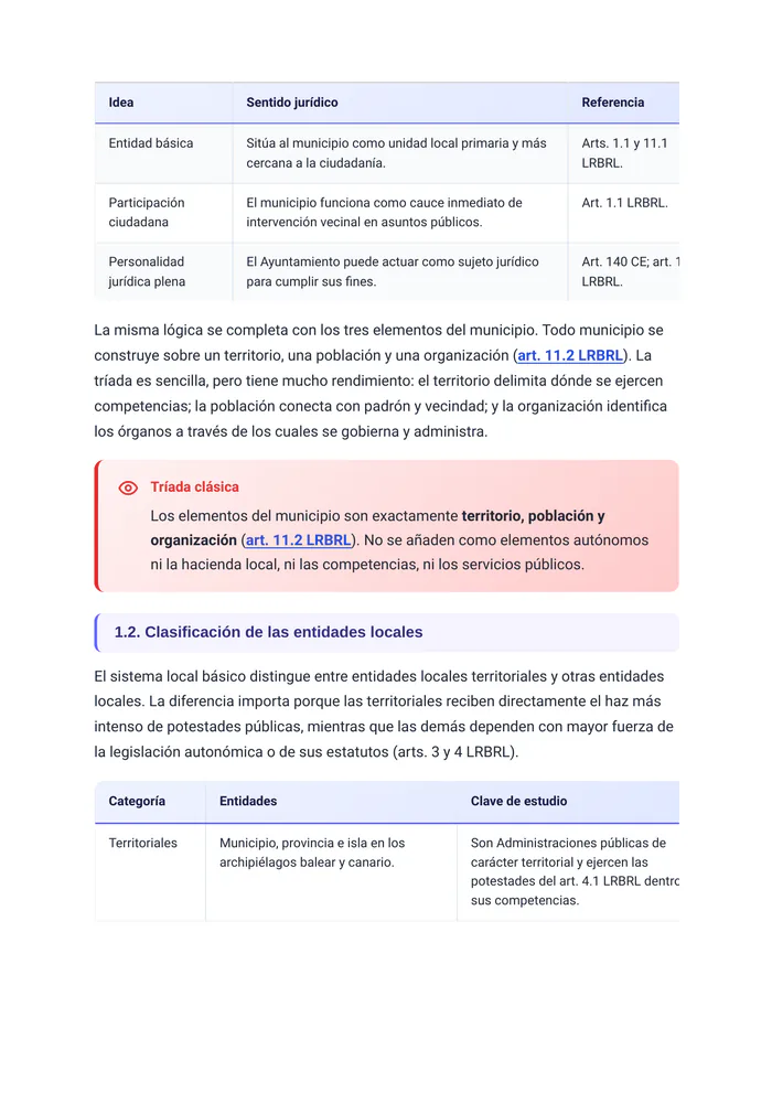 Desarrollo del tema «El municipio: organización y competencias» (página 3 de la muestra gratuita del temario en PDF): desarrollo de los elementos del municipio con recuadro «Trampa clásica» y tabla.