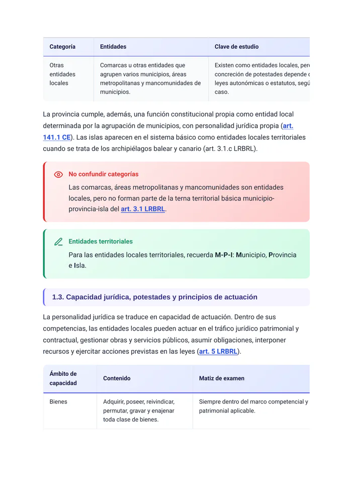 Página destacada del tema «El municipio: organización y competencias» (página 4 de la muestra gratuita del temario en PDF): clasificación de las entidades locales con recuadros destacados y tabla.