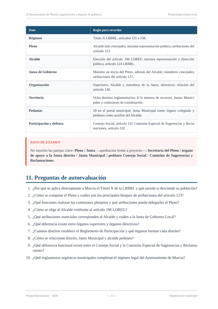 Repaso del tema «El Ayuntamiento de Murcia: organización y órganos de gobierno» (página 12 de la muestra gratuita del temario en PDF): tabla de órganos municipales y preguntas de autoevaluación.