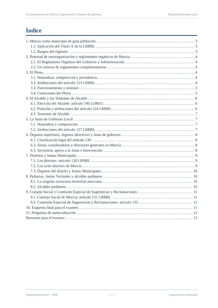 Índice del tema «El Ayuntamiento de Murcia: organización y órganos de gobierno» (página 2 de la muestra gratuita del temario en PDF): índice completo del tema con sus epígrafes y páginas.
