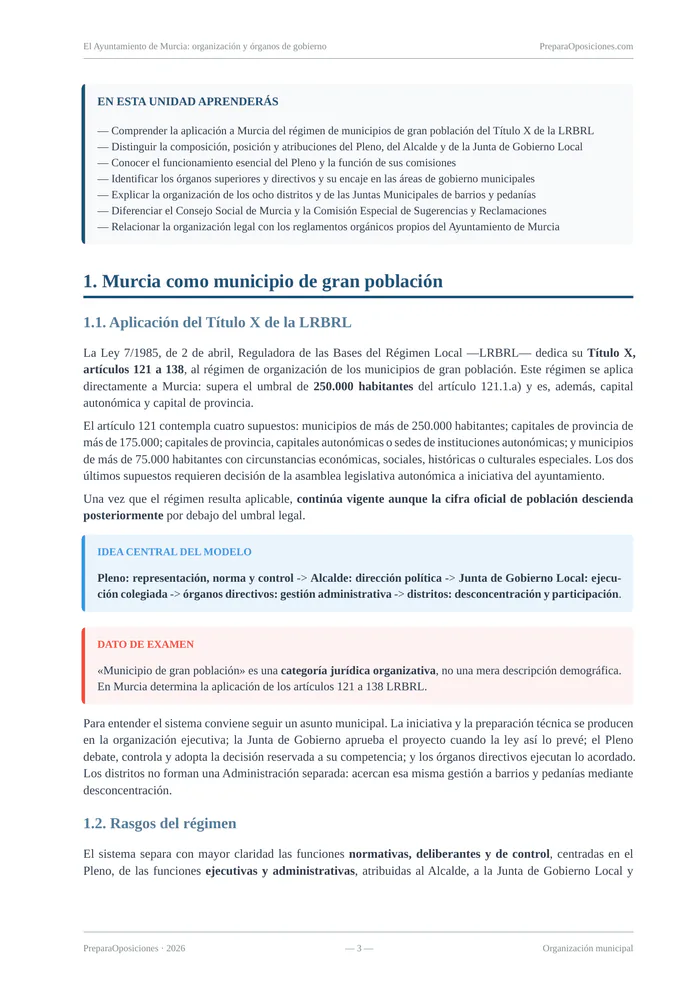 Desarrollo del tema «El Ayuntamiento de Murcia: organización y órganos de gobierno» (página 3 de la muestra gratuita del temario en PDF): desarrollo de Murcia como municipio de gran población con recuadros destacados.