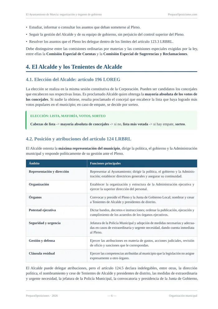 Página destacada del tema «El Ayuntamiento de Murcia: organización y órganos de gobierno» (página 6 de la muestra gratuita del temario en PDF): elección y atribuciones del Alcalde con tablas y recuadro de repaso.