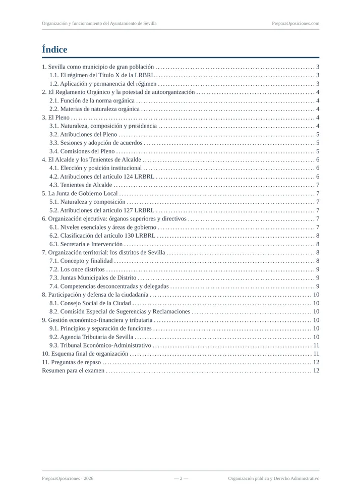 Índice del tema «Organización y funcionamiento del Ayuntamiento de Sevilla» (página 2 de la muestra gratuita del temario en PDF): índice completo del tema con sus epígrafes y páginas.