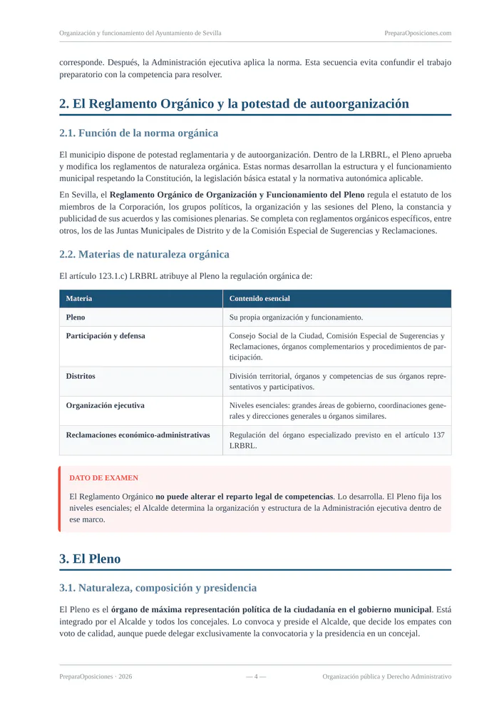 Desarrollo del tema «Organización y funcionamiento del Ayuntamiento de Sevilla» (página 4 de la muestra gratuita del temario en PDF): desarrollo del Reglamento Orgánico con tabla y recuadro «Dato de examen».
