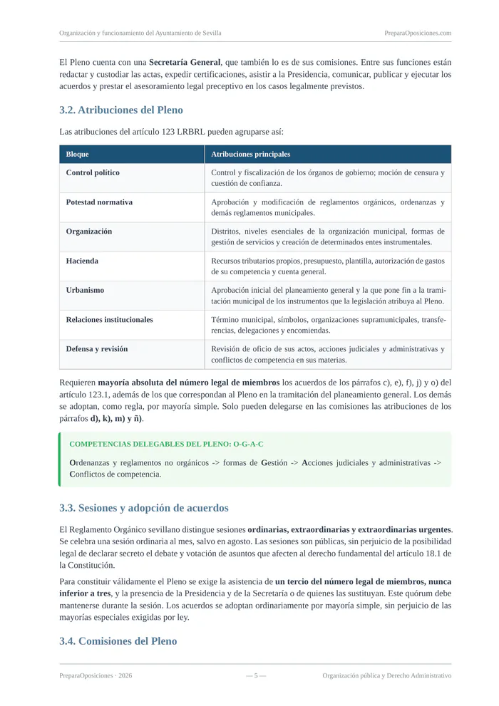 Página destacada del tema «Organización y funcionamiento del Ayuntamiento de Sevilla» (página 5 de la muestra gratuita del temario en PDF): atribuciones del Pleno en tabla con recuadros destacados.