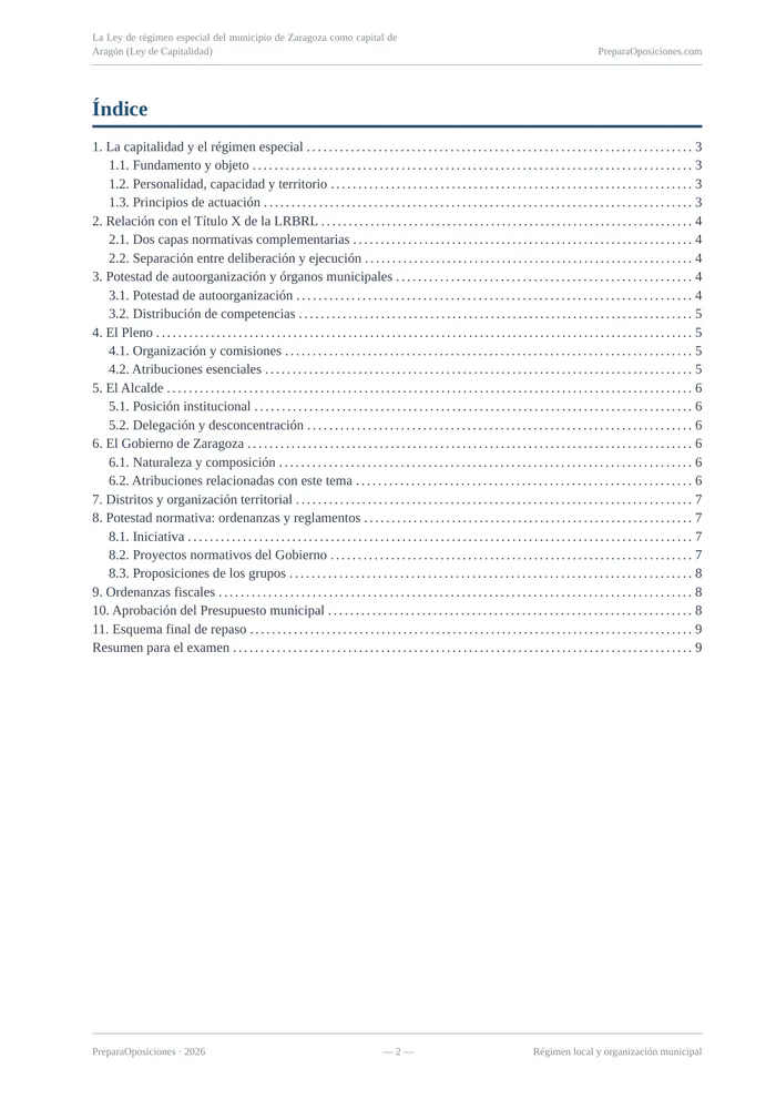 Índice del tema «La Ley de régimen especial del municipio de Zaragoza como capital de Aragón (Ley de Capitalidad)» (página 2 de la muestra gratuita del temario en PDF): índice completo del tema con sus epígrafes y páginas.