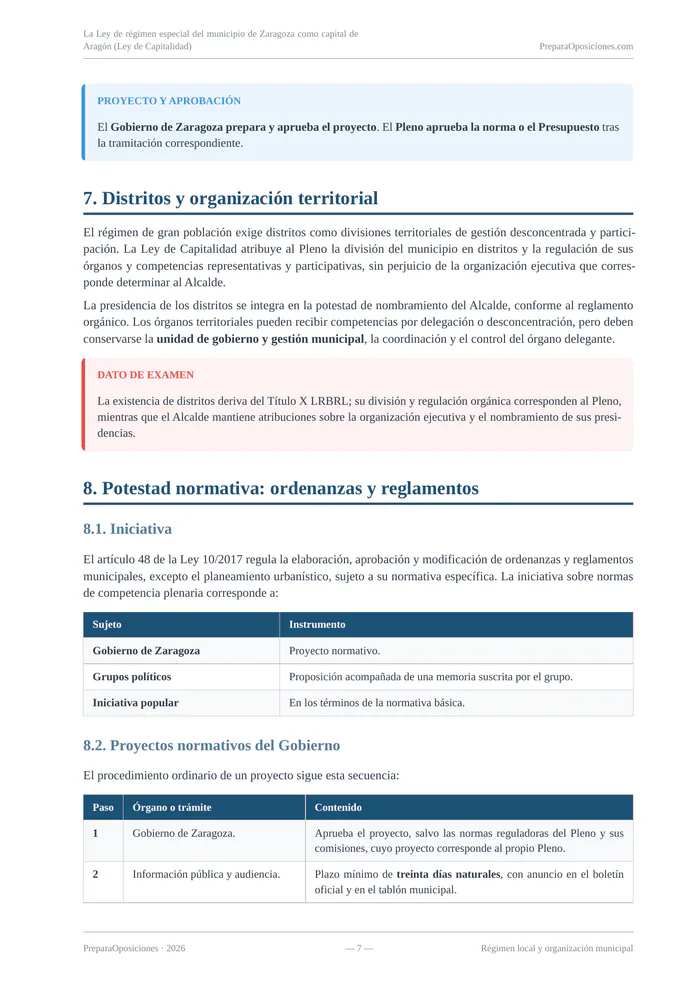 Página destacada del tema «La Ley de régimen especial del municipio de Zaragoza como capital de Aragón (Ley de Capitalidad)» (página 7 de la muestra gratuita del temario en PDF): potestad normativa con recuadros destacados y tablas.