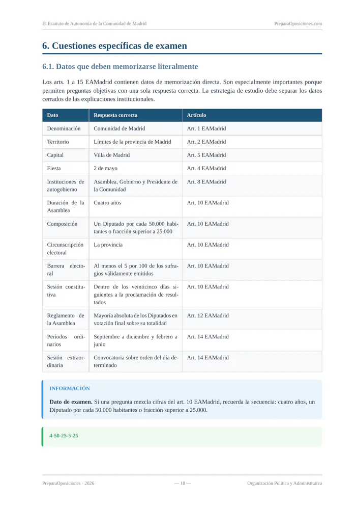 Repaso del tema «El Estatuto de Autonomía de la Comunidad de Madrid» (página 18 de la muestra gratuita del temario en PDF): tablas de datos que conviene memorizar y recuadros de examen.