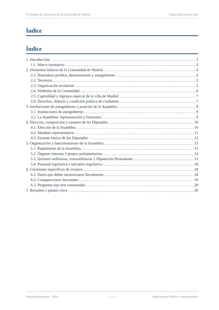 Índice del tema «El Estatuto de Autonomía de la Comunidad de Madrid» (página 2 de la muestra gratuita del temario en PDF): índice completo del tema con sus epígrafes y páginas.