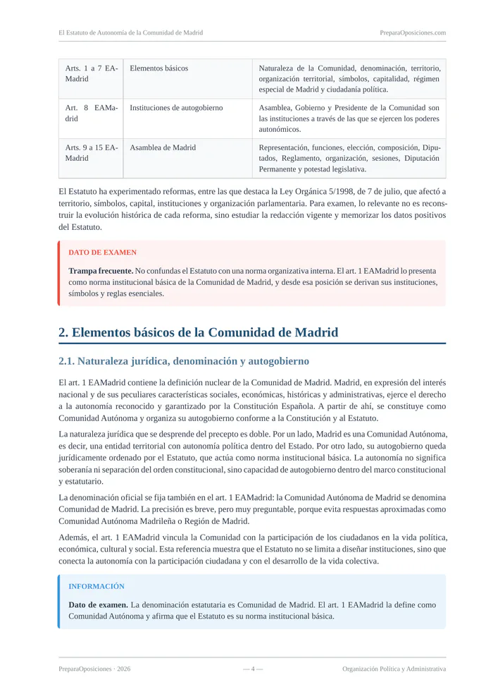 Desarrollo del tema «El Estatuto de Autonomía de la Comunidad de Madrid» (página 4 de la muestra gratuita del temario en PDF): desarrollo de los elementos básicos de la Comunidad de Madrid con recuadros destacados.