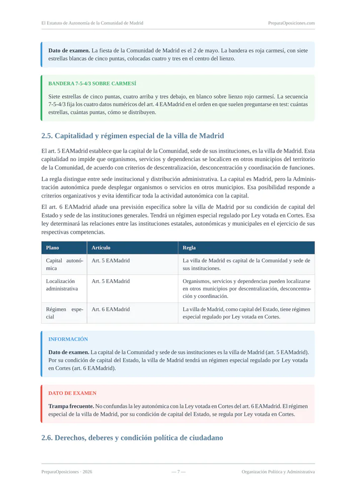 Página destacada del tema «El Estatuto de Autonomía de la Comunidad de Madrid» (página 7 de la muestra gratuita del temario en PDF): capitalidad y régimen especial de la villa de Madrid con recuadros y tablas.