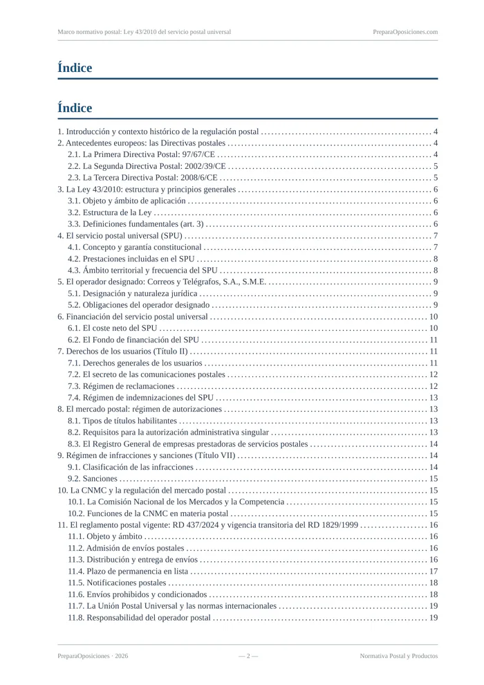 Índice del tema «Marco normativo postal: Ley 43/2010 del servicio postal universal» (página 2 de la muestra gratuita del temario en PDF): índice completo del tema con sus epígrafes y páginas.