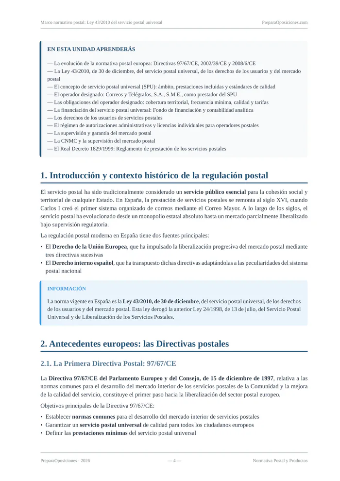 Desarrollo del tema «Marco normativo postal: Ley 43/2010 del servicio postal universal» (página 4 de la muestra gratuita del temario en PDF): desarrollo del contexto histórico de la regulación postal con recuadro informativo.