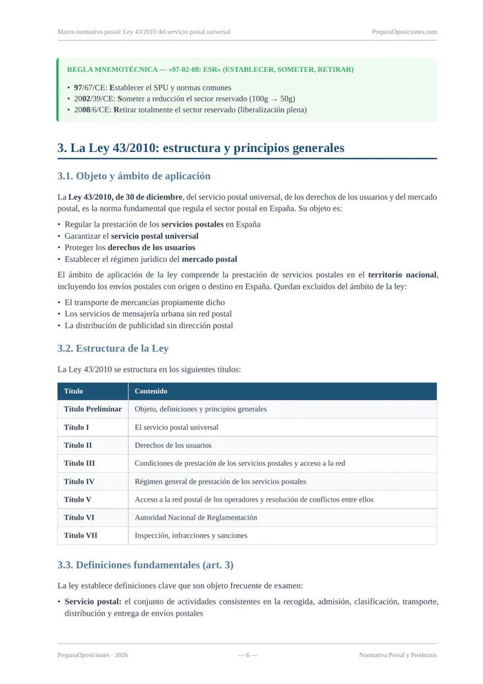 Página destacada del tema «Marco normativo postal: Ley 43/2010 del servicio postal universal» (página 6 de la muestra gratuita del temario en PDF): estructura de la Ley 43/2010 en tabla con regla mnemotécnica.