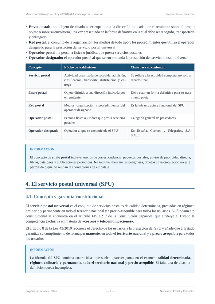 Repaso del tema «Marco normativo postal: Ley 43/2010 del servicio postal universal» (página 7 de la muestra gratuita del temario en PDF): tabla de conceptos clave de la Ley 43/2010 y recuadros informativos.