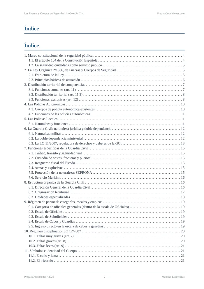Índice del tema «Las Fuerzas y Cuerpos de Seguridad. La Guardia Civil» (página 2 de la muestra gratuita del temario en PDF): índice completo del tema con sus epígrafes y páginas.