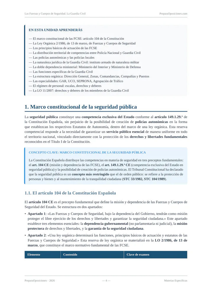Desarrollo del tema «Las Fuerzas y Cuerpos de Seguridad. La Guardia Civil» (página 4 de la muestra gratuita del temario en PDF): desarrollo del marco constitucional de la seguridad pública con recuadro destacado.