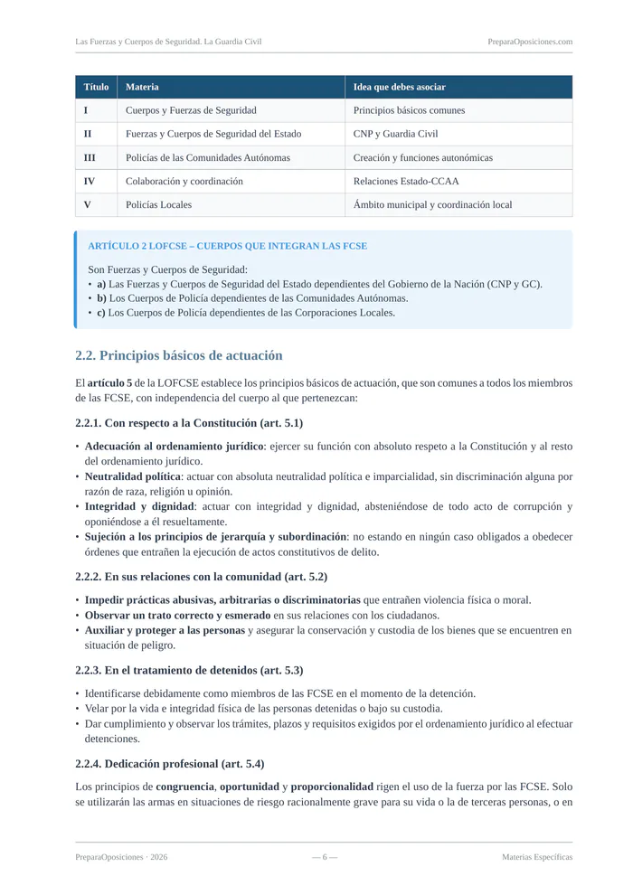Página destacada del tema «Las Fuerzas y Cuerpos de Seguridad. La Guardia Civil» (página 6 de la muestra gratuita del temario en PDF): principios básicos de actuación con tabla y recuadro de repaso.
