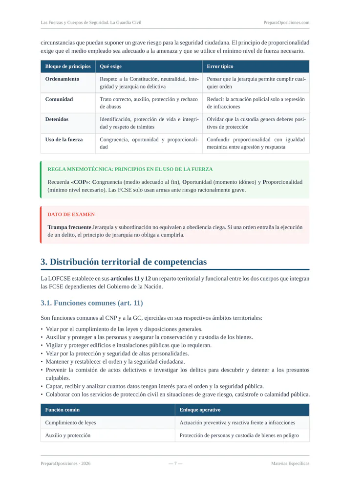 Repaso del tema «Las Fuerzas y Cuerpos de Seguridad. La Guardia Civil» (página 7 de la muestra gratuita del temario en PDF): tabla de principios de actuación, regla mnemotécnica y recuadro «Trampa frecuente».
