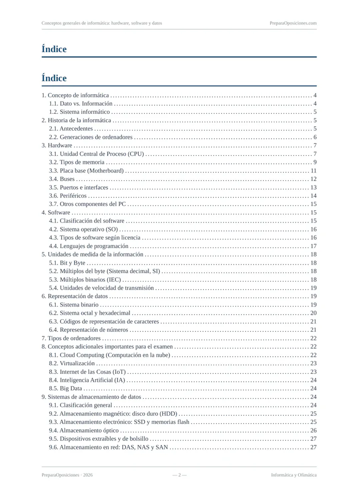 Índice del tema «Conceptos generales de informática: hardware, software y datos» (página 2 de la muestra gratuita del temario en PDF): índice completo del tema con sus epígrafes y páginas.