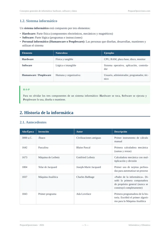 Desarrollo del tema «Conceptos generales de informática: hardware, software y datos» (página 5 de la muestra gratuita del temario en PDF): desarrollo del sistema informático con tabla y recuadros de consejo.