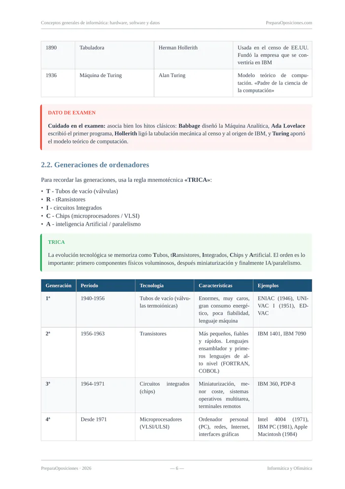 Página destacada del tema «Conceptos generales de informática: hardware, software y datos» (página 6 de la muestra gratuita del temario en PDF): generaciones de ordenadores con recuadros de examen, reglas mnemotécnicas y tabla.